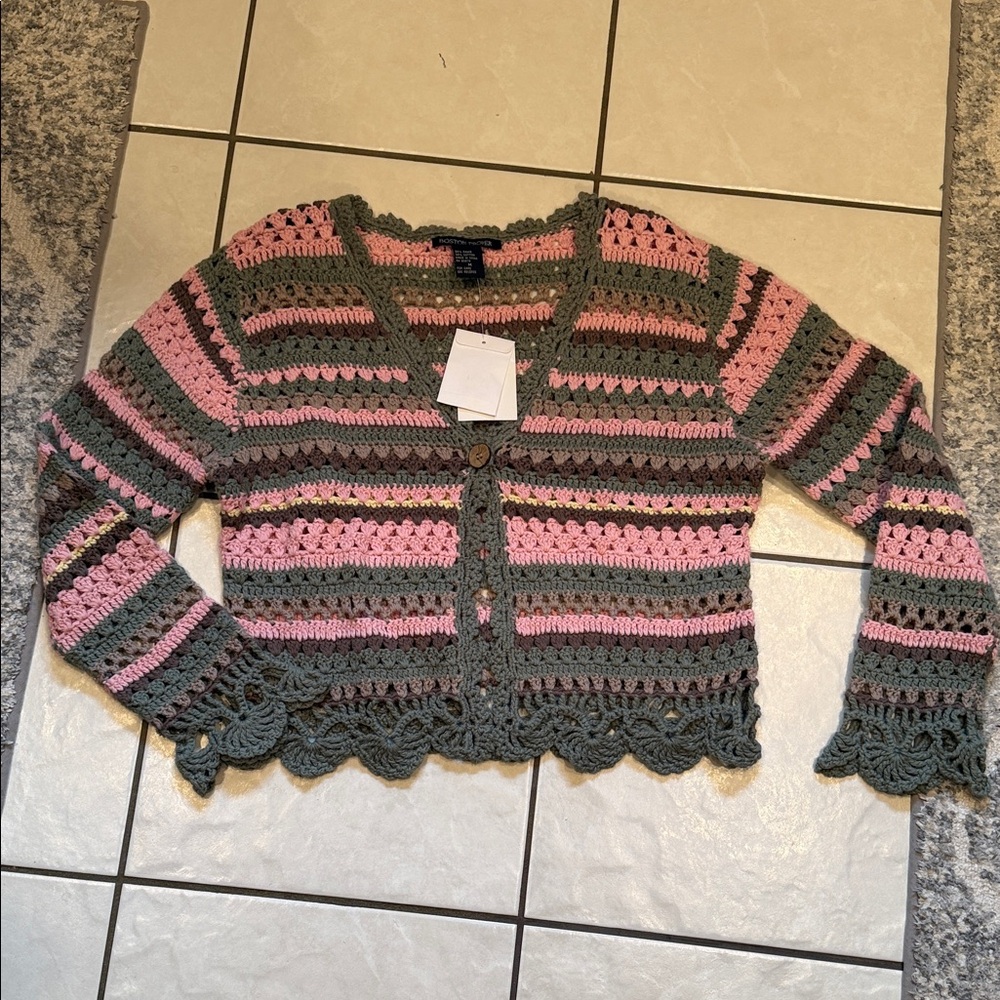 Womens Crochet Stripe Button-Front Cardigan Sweater - Pink & Olive (Tags Removed